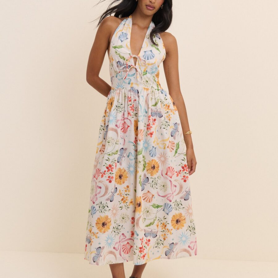 Multi Floral Cotton Neck Midaxi Dress