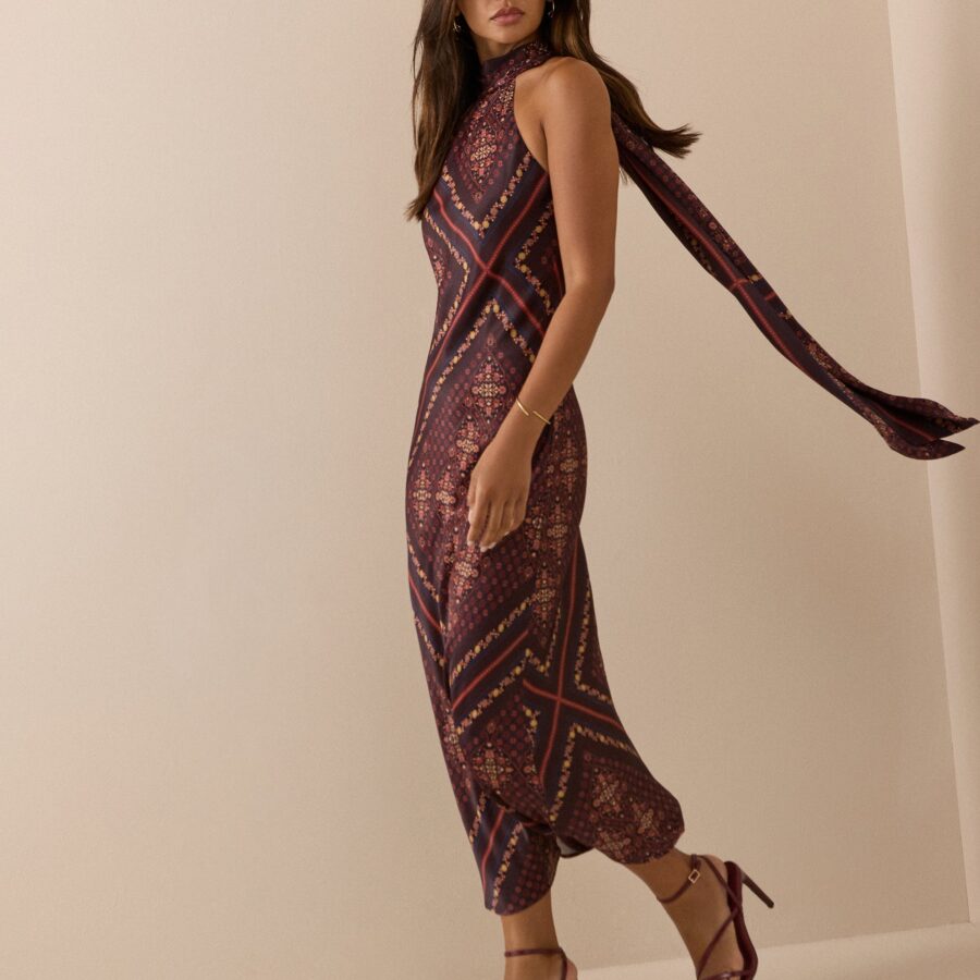 Brown Red Slip Halter Neck Midaxi Dress