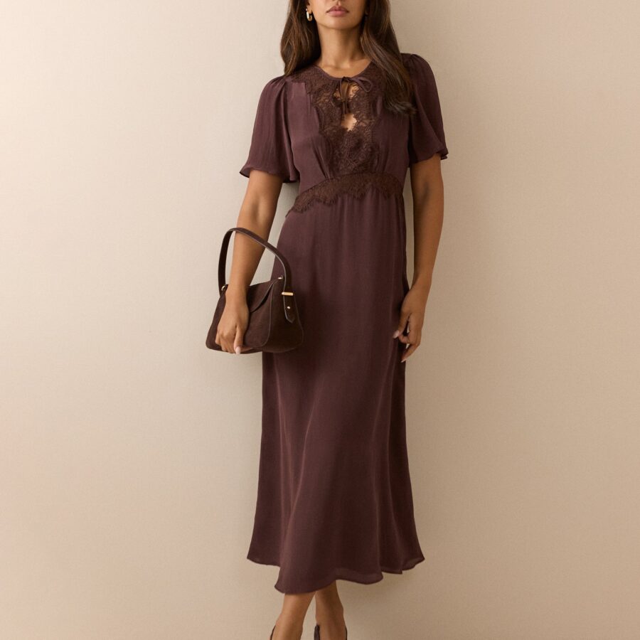 Brown Lace Short Sleeve Trim Midaxi Dress