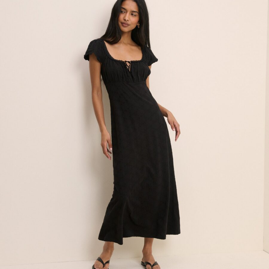 Black Cotton Shirred Square Neck Midi Dress