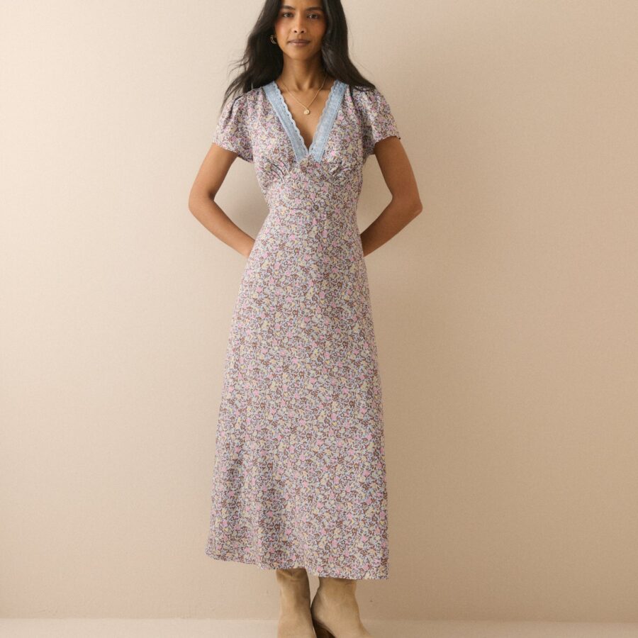 Blue Purple Floral Lace Neck Midi Dress
