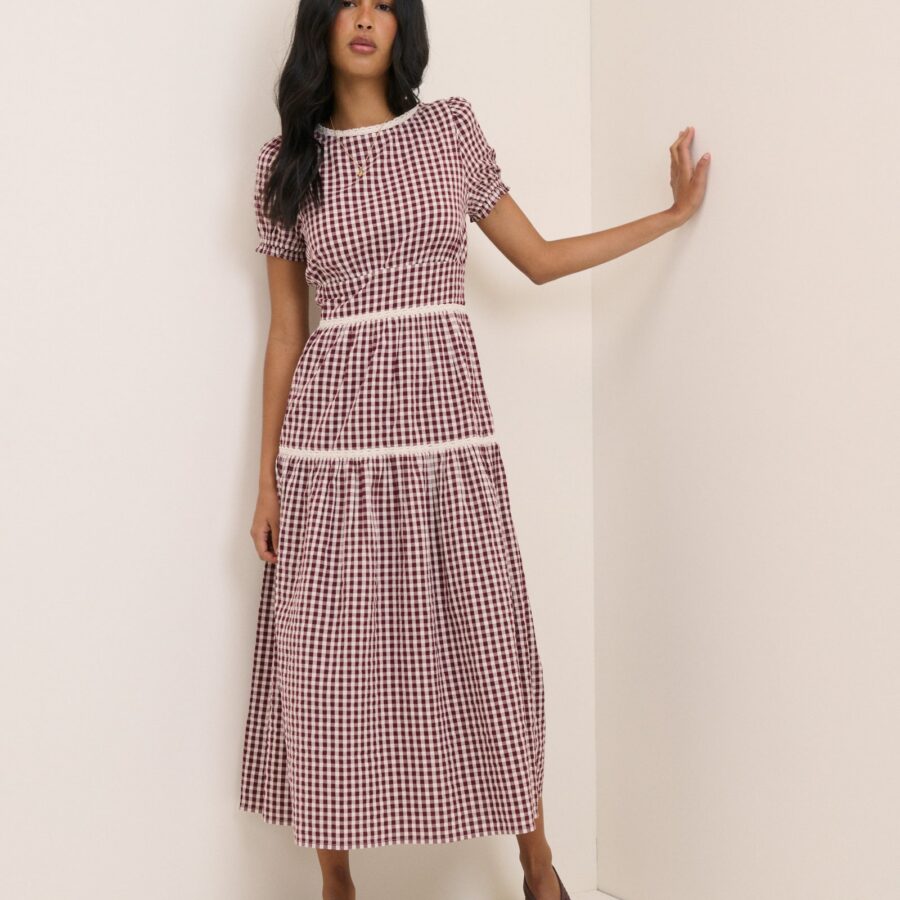 Red Burgundy Printed Cotton Tiered Midi Dress