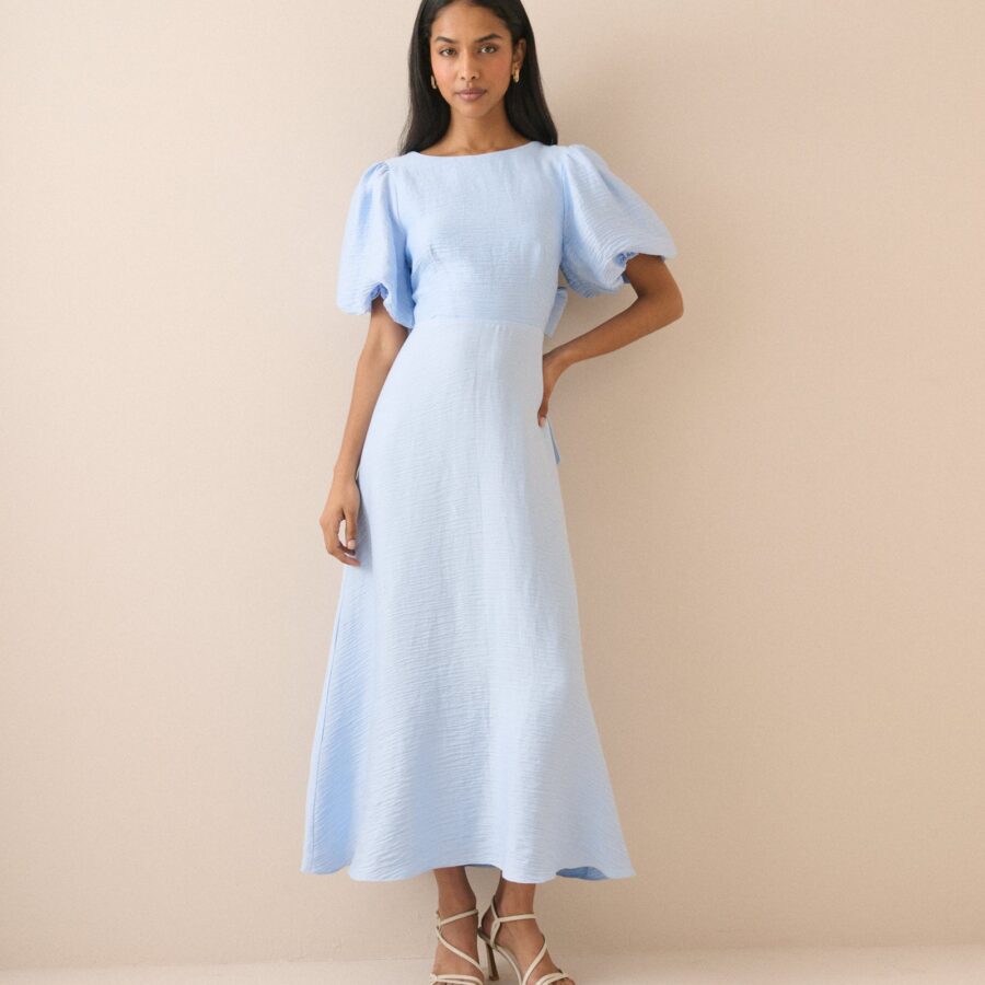 Blue Puff Sleeve Short Midaxi Dress