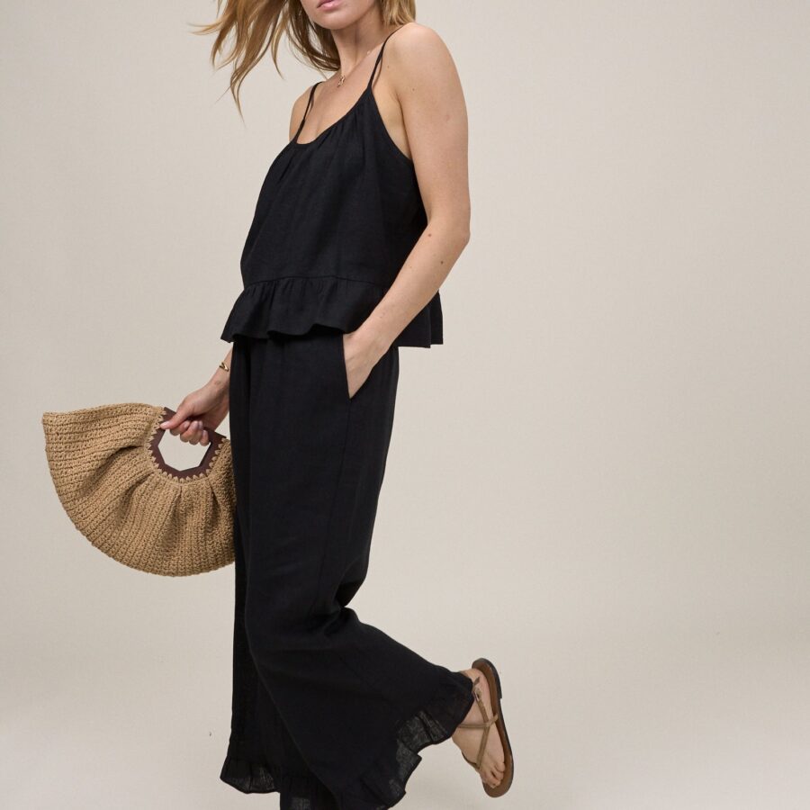 Black Linen Blend Wide Leg Cropped Trousers