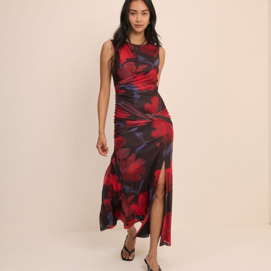 Red Floral Jersey Ruched Sleeveless Midaxi Dress