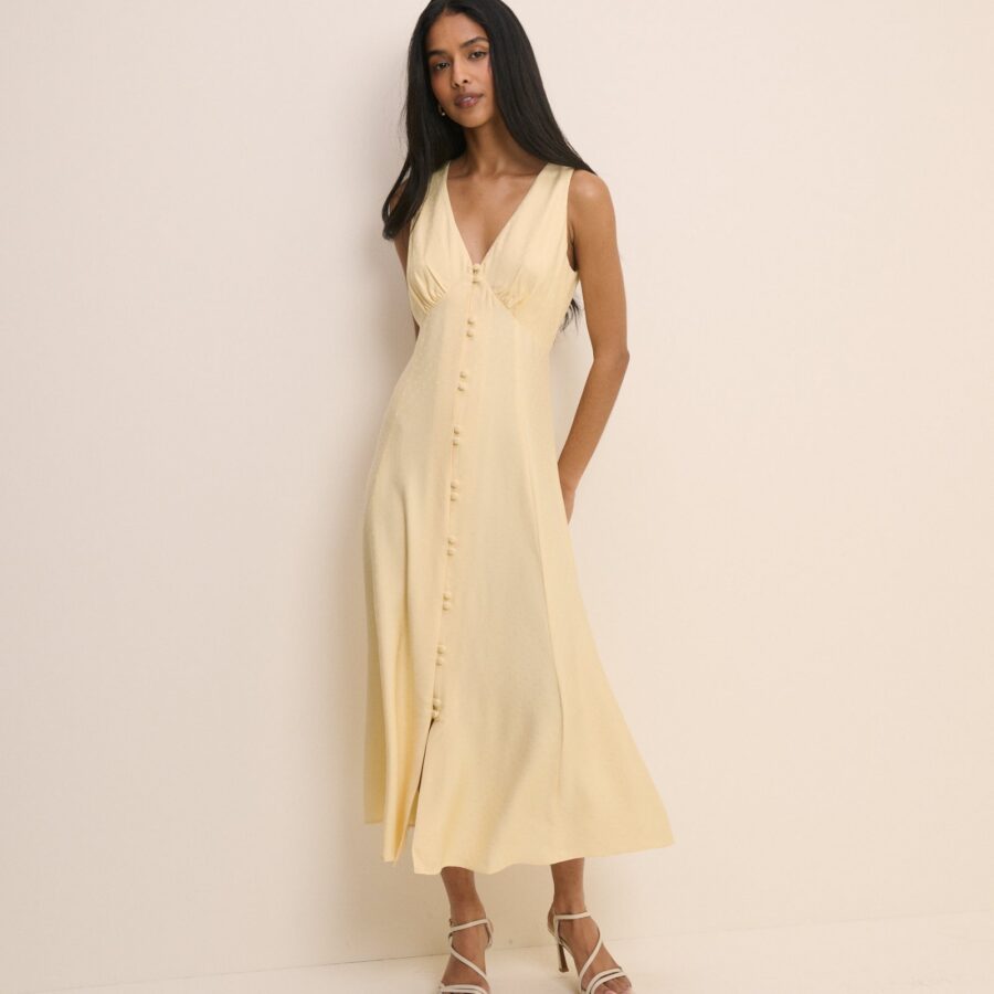 Yellow Satin Button Front Neck Midi Dress